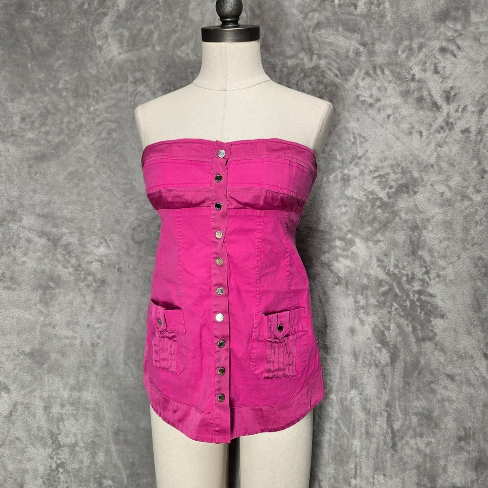 Vtg 2b Bebe Tube Top Women L Fuschia Pink Button Front Y2K Barbiecore Coquette